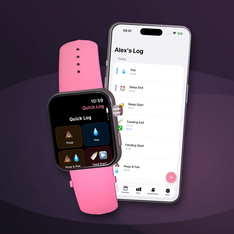 Realistic 3D iPhone and Apple Watch displaying Baby Log Day