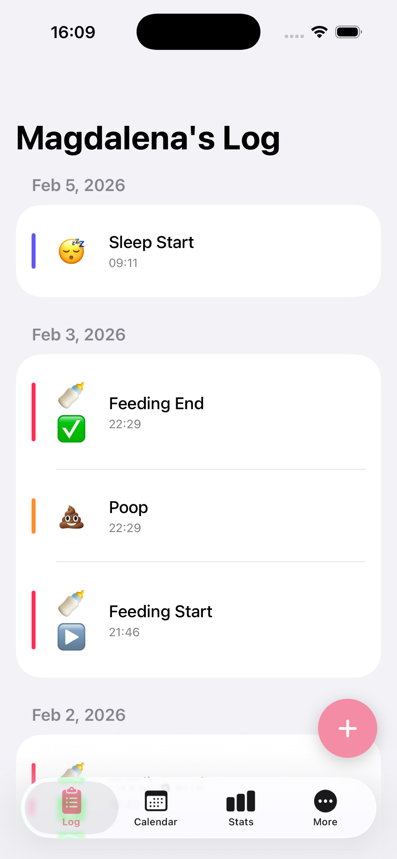 Log tab – list of entries