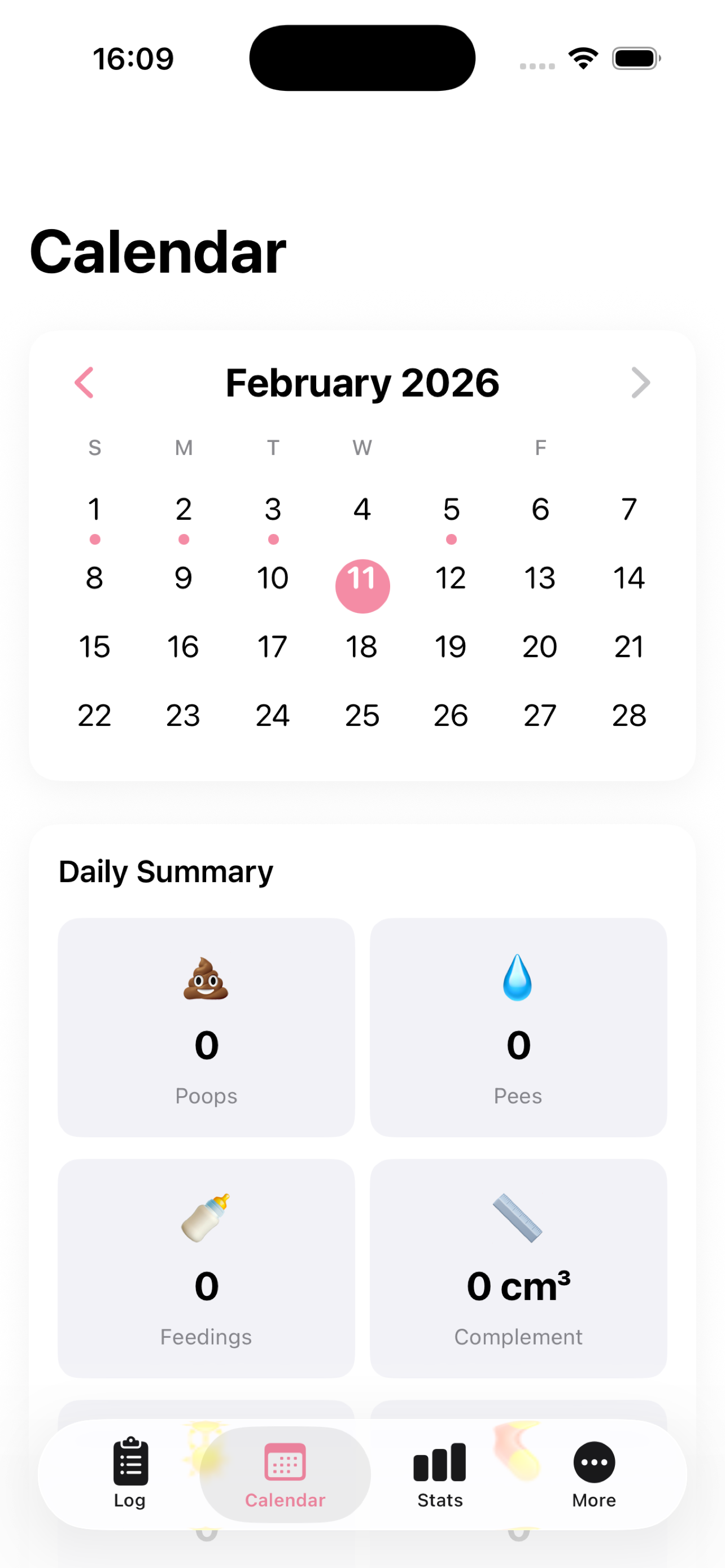 Calendar tab – daily summary