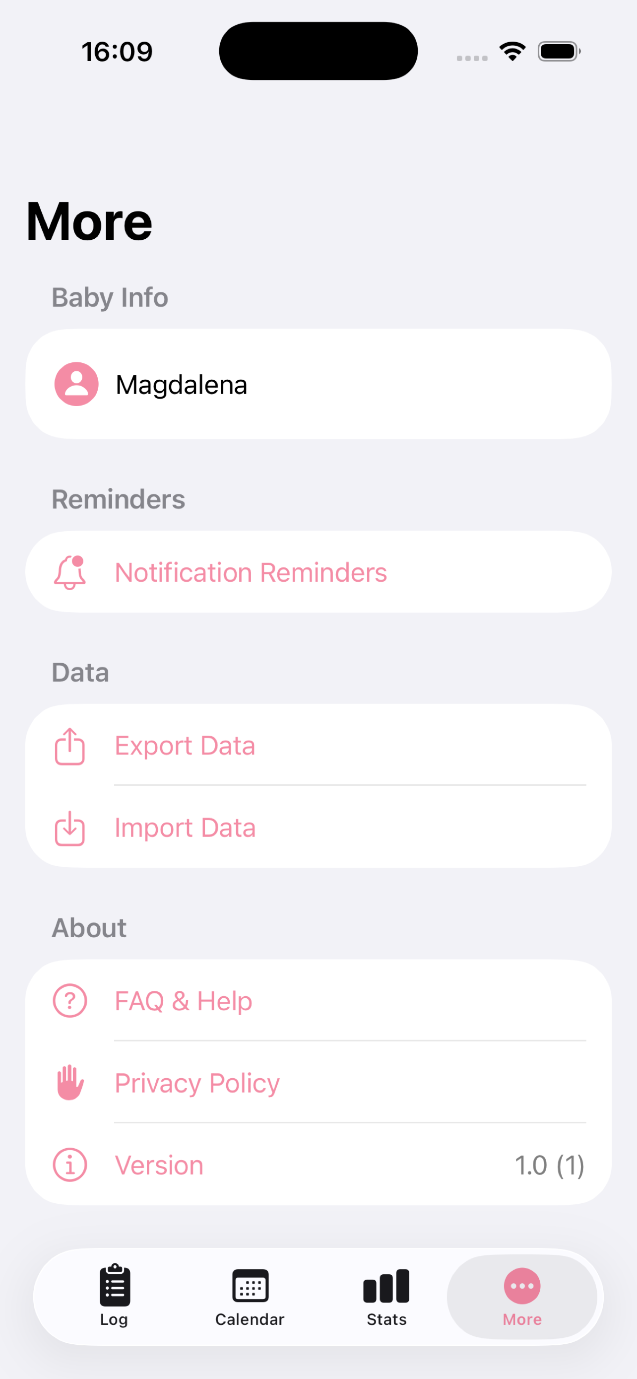 More tab – settings, export, FAQ